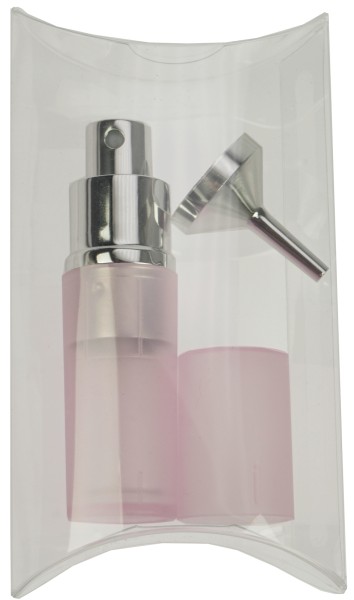 Taschenzerstäuber transparent rosa für 8 ml + Trichter silber in Geschenkpackung